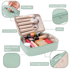 Queboom Travel Makeup Bag Green 3pcs — three compartments for organized essentials.