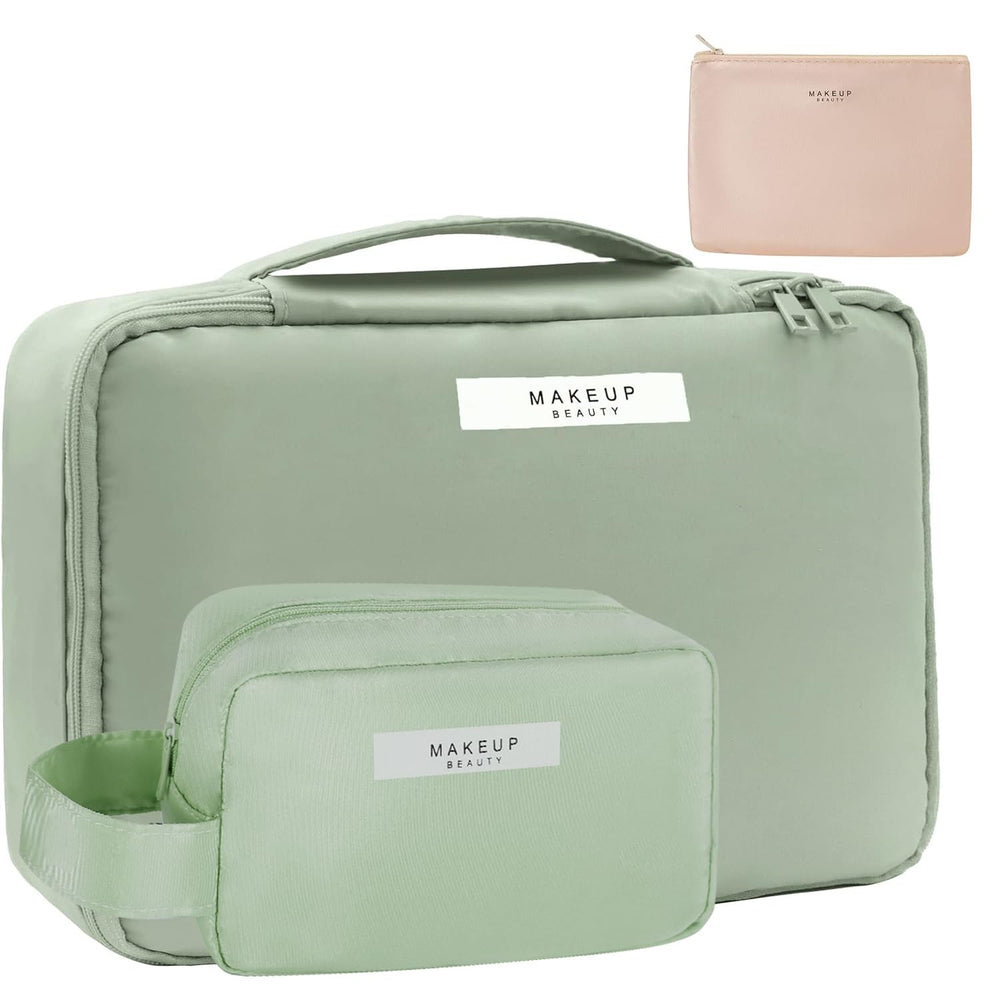 Queboom Travel Makeup Bag Green 3pcs — spacious main compartment for cosmetics on the go.