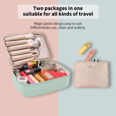 Queboom travel makeup bag open compartments for organized essentials.