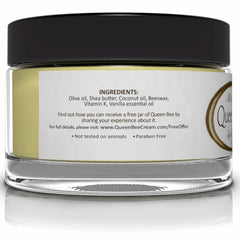 Queen Bee organic ingredients label emphasizing 100% all-natural skincare