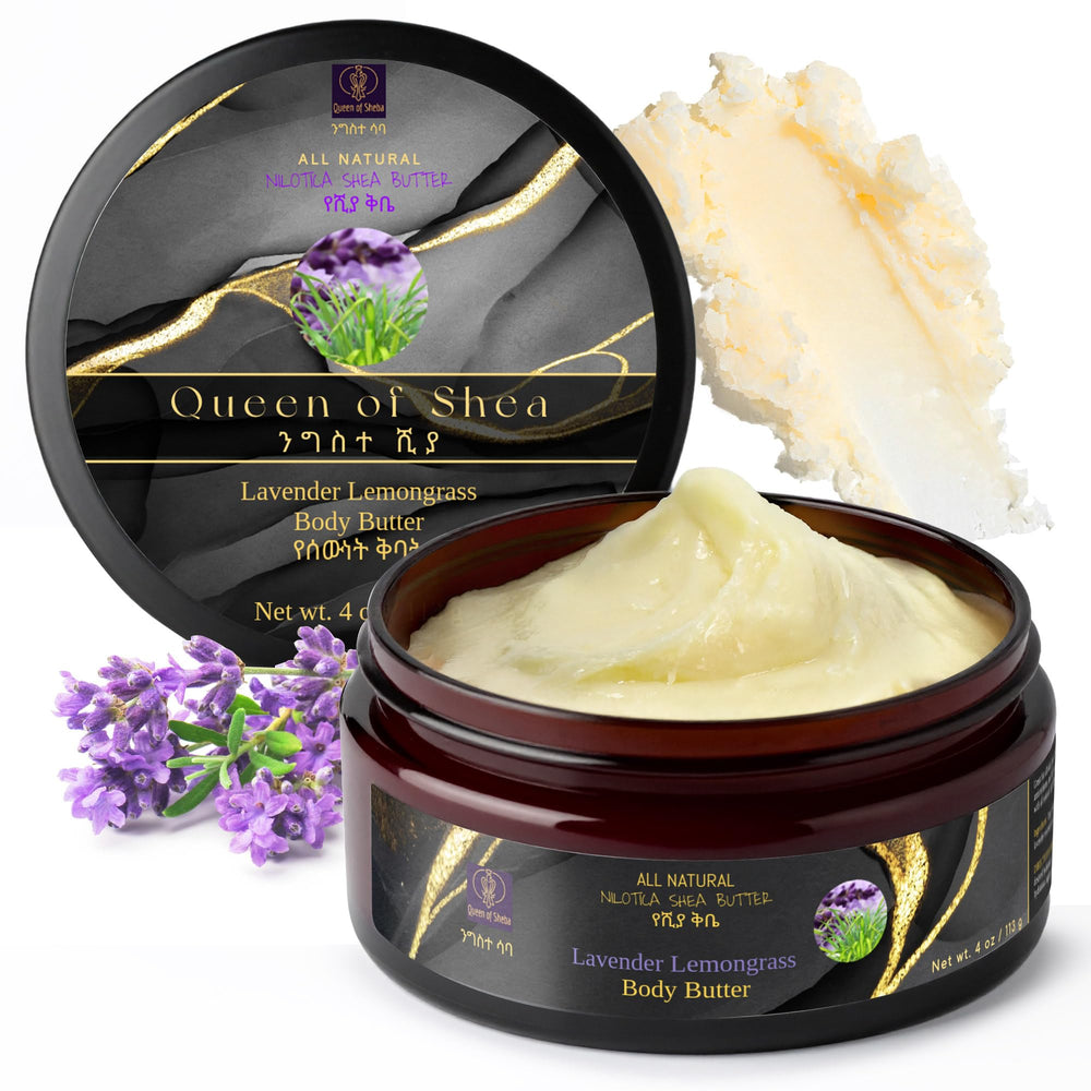 Queen of Shea Lavender Lemongrass shea butter tub showing rich texture for skin hydration