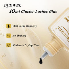 QUEWEL lash clusters glue cap close-up showing precise dispensing.