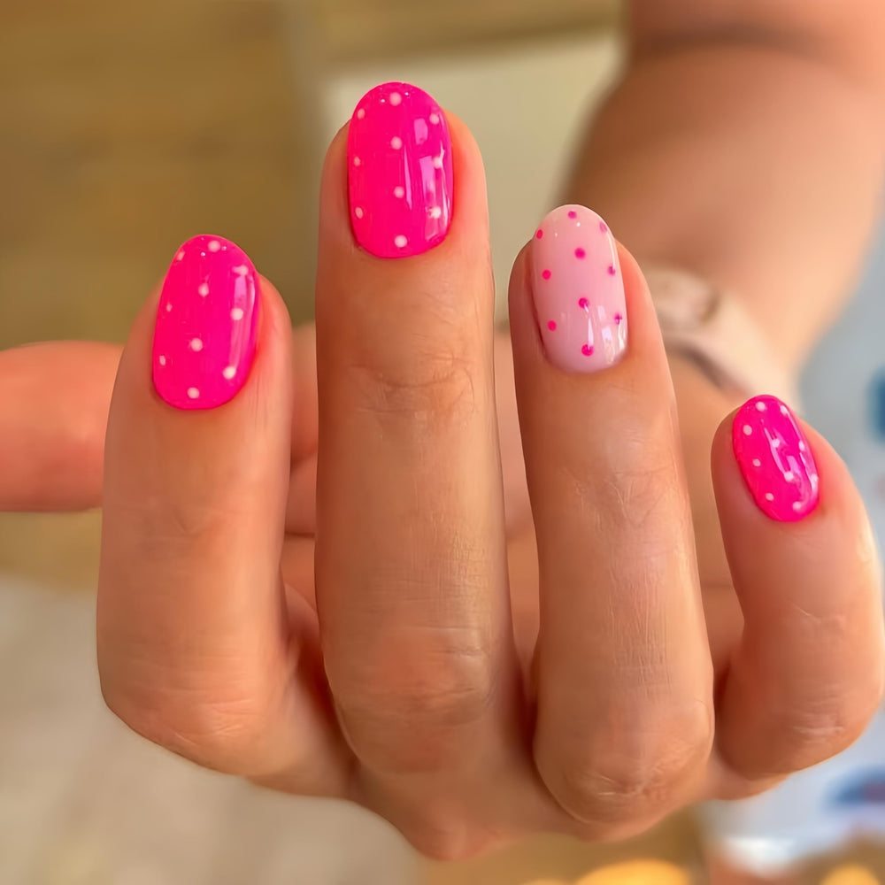 Quezadyl pink polka dot press-on nails full cover for a glam look