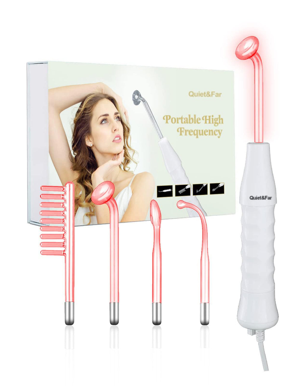 Quiet&Far high frequency facial machine with four tubes for at-home skin care.