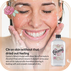 Aloe vera leaf beside Quinn's bottle highlighting hydrating, alcohol-free care.