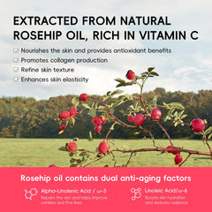 QUIYUM Rosehip ingredients graphic emphasizes natural plant-based formula for healthy skin.