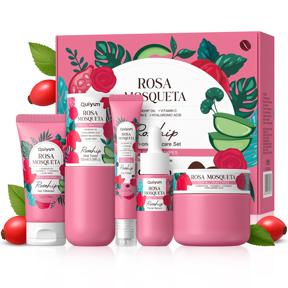 QUIYUM Skin Care Set Rosehip Bottle demonstrates long lasting hydration for daily use