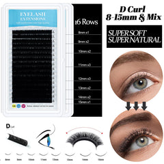 QUKLOGEN false eyelashes tray with 16 rows, 8–15 mm, for versatile practice