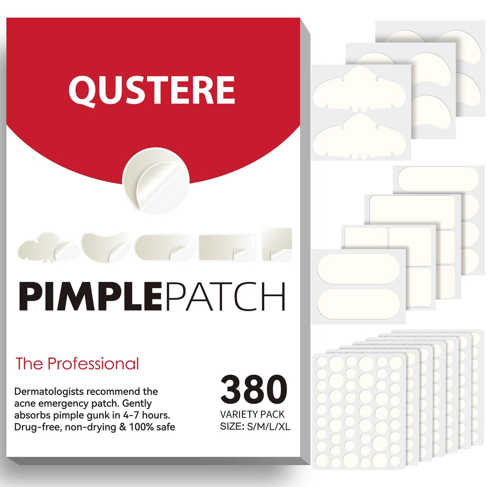 QUSTERE Large Pimple Patches pack shows 8 sizes and 6 shapes for versatile coverage.