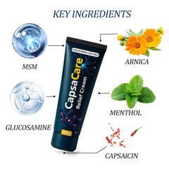 Product label highlights capsaicin, arnica, menthol, and natural ingredients