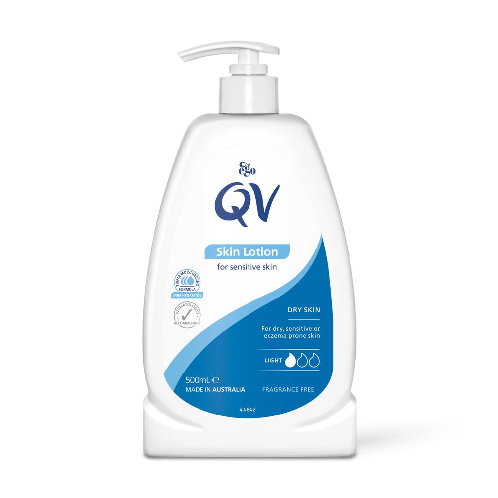 QV Skin Lotion 500ml bottle on a clean surface highlighting lightweight hydration