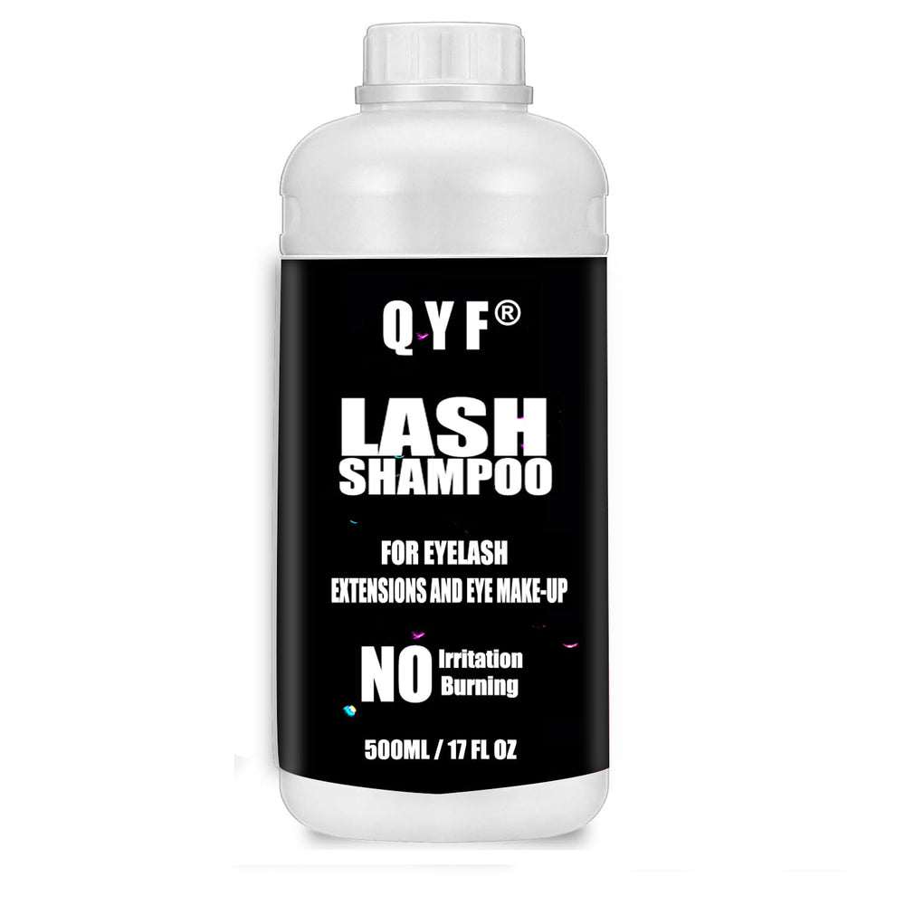 QYF Eyelash Extension Shampoo bottle with dual caps for secure storage and hygiene.