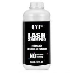 QYF Eyelash Extension Shampoo bottle with dual caps for secure storage and hygiene.