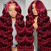 QZOQZO 28 inch burgundy lace front wig with natural-looking parting for daily styling