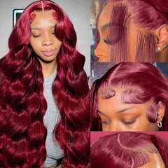 QZOQZO Burgundy lace front wig with 13x6 body wave for natural part and versatile styling.