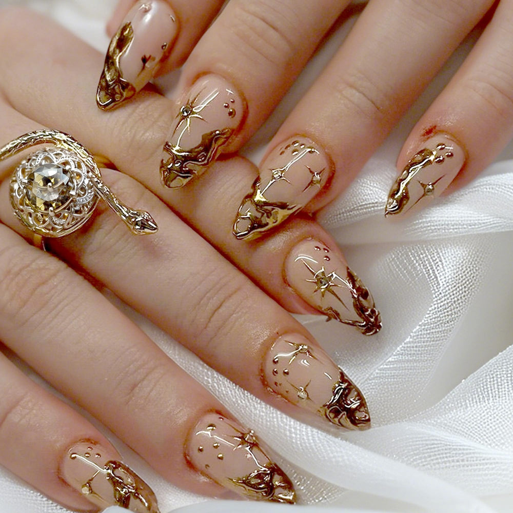 QZRUO Gold Almond Press On Nails with 3D chrome finish for chic elegance.