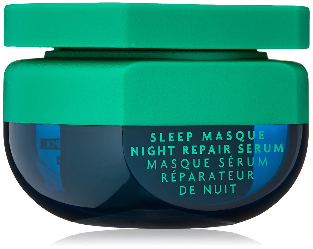 R+Co BLEU Sleep Masque bottle on vanity for overnight care.