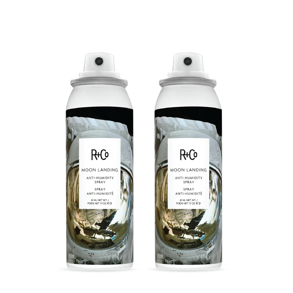 R+Co Moon Landing spray bottle closeup highlights lightweight formula for smooth hair.