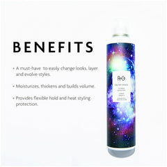 R+Co Outer Space bottle back view highlighting product protections.