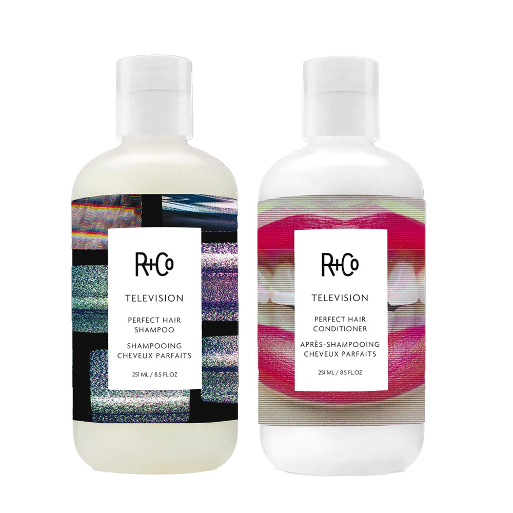 R+Co Television Perfect Hair Shampoo bottle promotes smooth, glossy strands