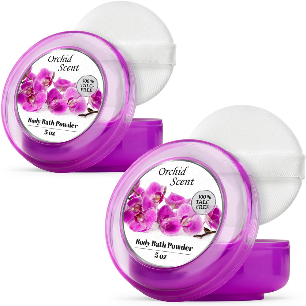 R-NEU body powder with majestic orchid and plush puff for mess-free application and soft, dry skin.
