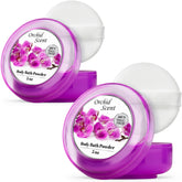 R-NEU body powder with majestic orchid and plush puff for mess-free application and soft, dry skin.