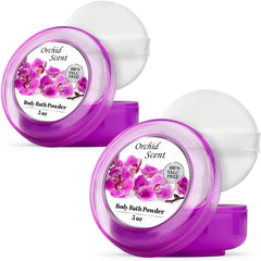 R-NEU body powder with majestic orchid and plush puff for mess-free application and soft, dry skin.