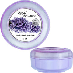 Talc-free body powder with rose scent keeps skin soft and dry.