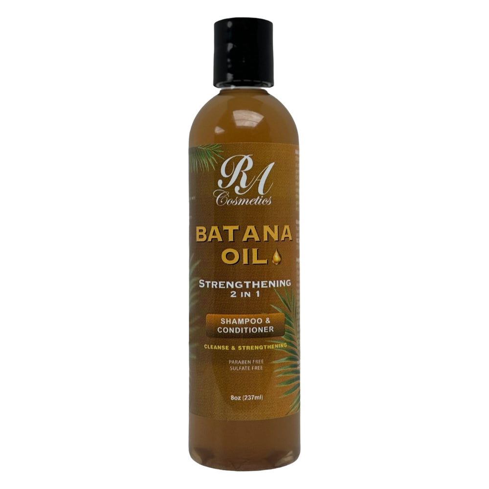 RA COSMETICS Batana Oil 2-in-1 bottle shows premium cleansing for hydrated, stronger hair