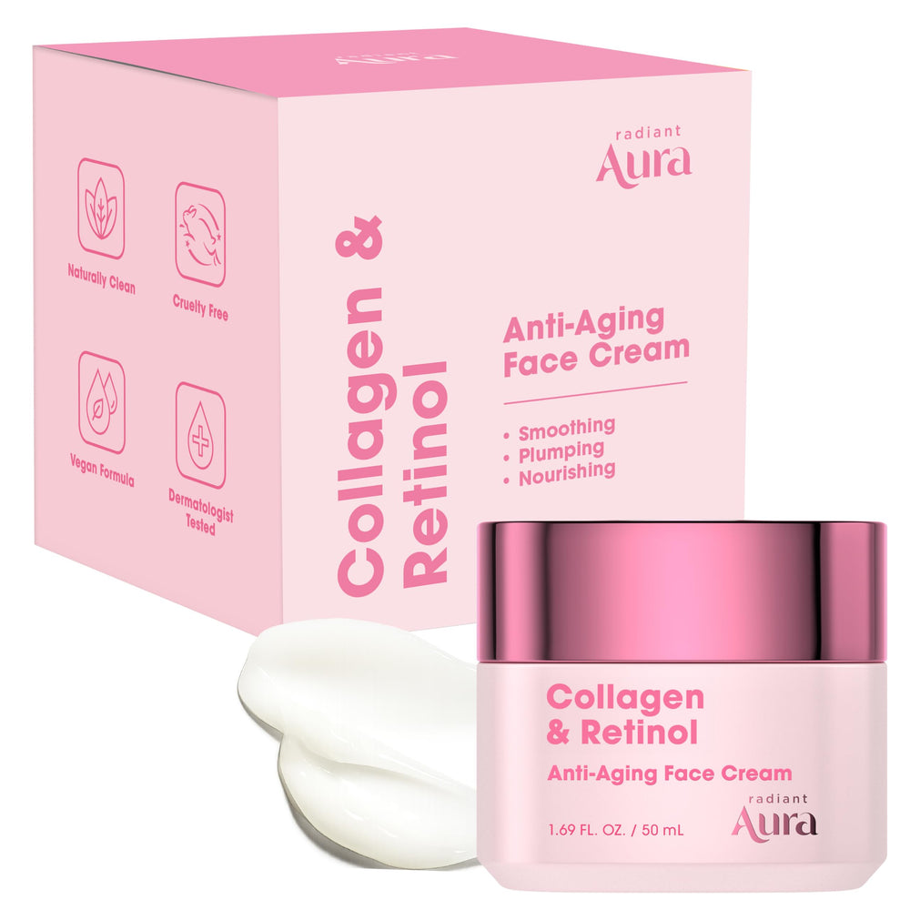 Radiant Aura Collagen & Retinol Face Cream packaging showcases premium Korean skincare.