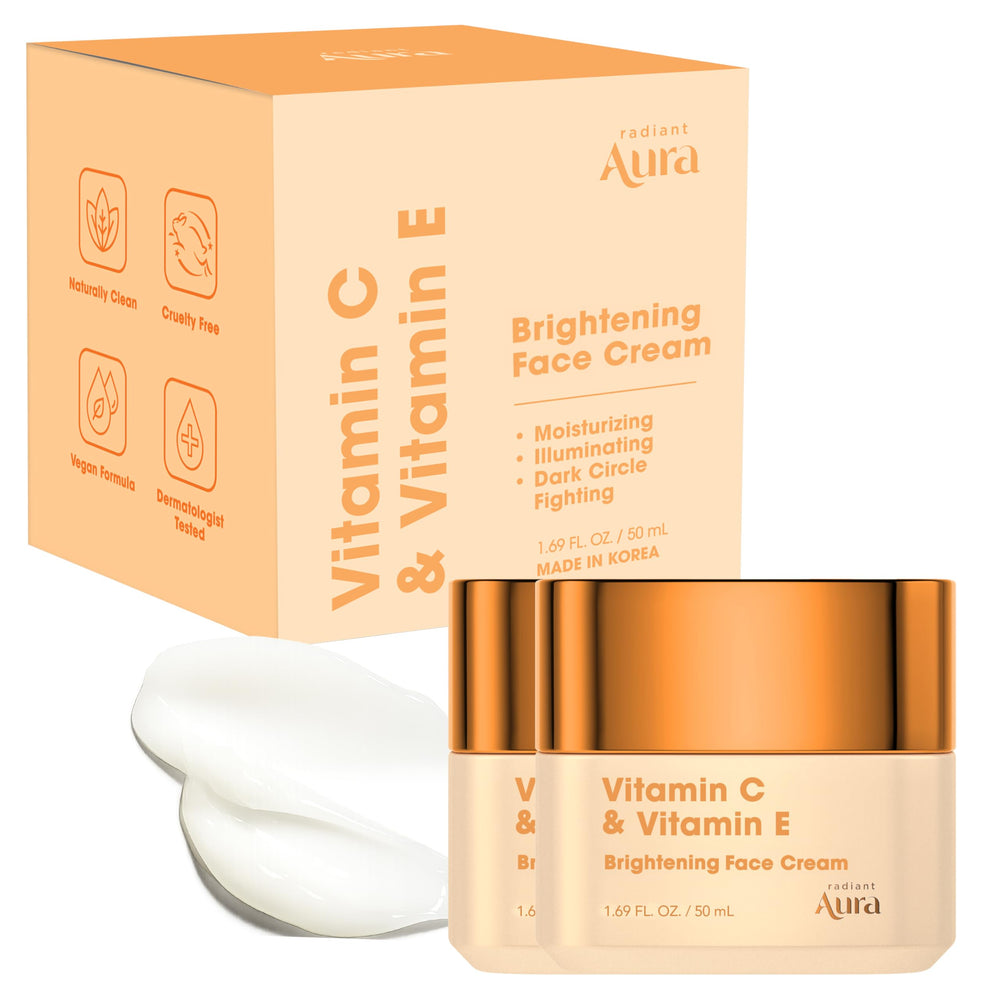 Radiant Aura Vitamin C & Vitamin E face cream packshot highlighting lightweight hydration for daily use.