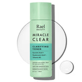 Rael Miracle Clear toner bottle close-up shows sleek packaging and oil-control potential.