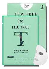 Rael tea tree face mask packaging shows a sleek box for all skin types.
