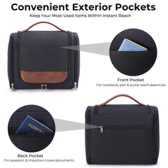 Ralnitote bag side compartments opened 180-degree for quick access to razors and toothbrushes