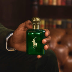 Ralph Lauren Polo leather-note close-up hints rugged confidence.