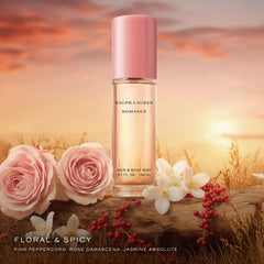 Ralph Lauren Romance mist bottle showing pulse-point spray usage.