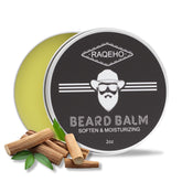 RAQEHO beard balm jar close-up highlighting sandalwood formula for hydration.
