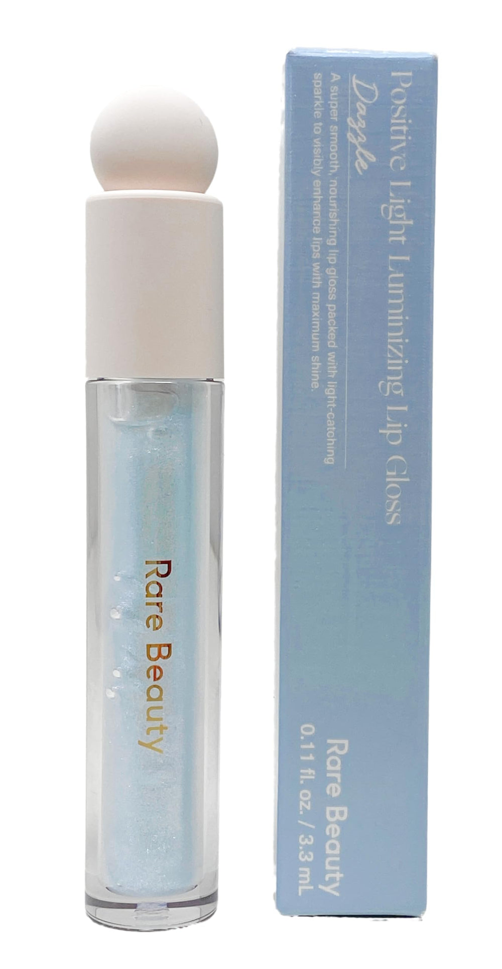 Rare Beauty Dazzle lip gloss bottle showing prismatic shimmer and hydration.