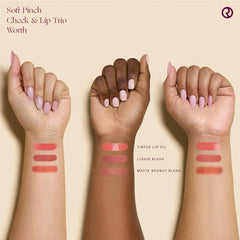 Rare Beauty Soft Pinch Matte Blush Worth mini swatch adds natural depth.
