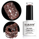RARJSM caramel brown glitter gel polish bottle with shimmering finish for bold nails.