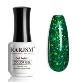 RARJSM green glitter gel polish bottle pour demonstrates easy application for at-home manicures.
