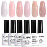 RARJSM Nude Glitter Gel Nail Polish 6pc set swatch shows iridescent shimmer for versatile wear.