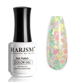 RARJSM pink-yellow-green glitter gel polish on nails showing vibrant pastel sparkle