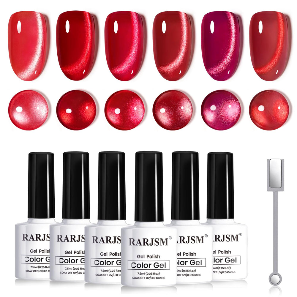 RARJSM Red Cat Eye Nail Polish Set six bottles close-up showing magnetic shimmer for a striking cat-eye effect