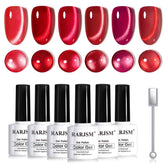 RARJSM Red Cat Eye Nail Polish Set six bottles close-up showing magnetic shimmer for a striking cat-eye effect