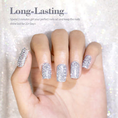 RARJSM Reflective Glitter Gel Polish LED curing scene emphasizing long lasting shine and quick dries