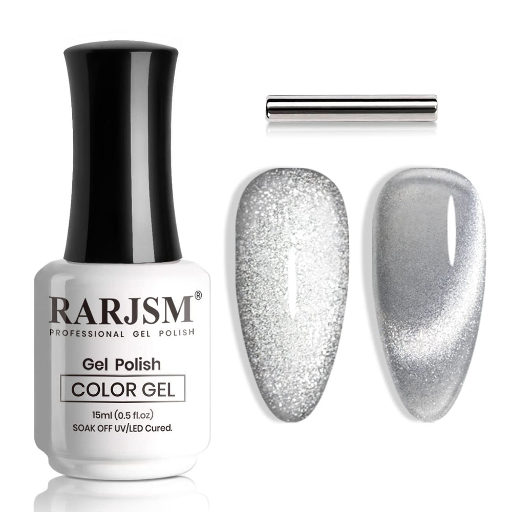 RARJSM Silver Cat Eye gel polish bottle with magnetic shimmer.