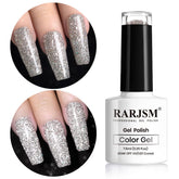 RARJSM Silver Glitter Gel Polish bottle with iridescent sparkle for at-home nail art.