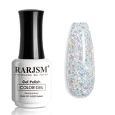 RARJSM silver glitter gel polish bottle with sparkling finish for at-home manicures.