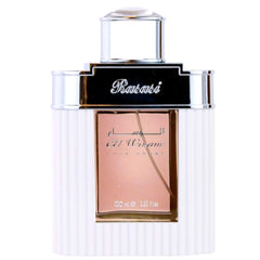 Rasasi Al Wisam Day EDP bottle closeup label showcasing premium packaging.